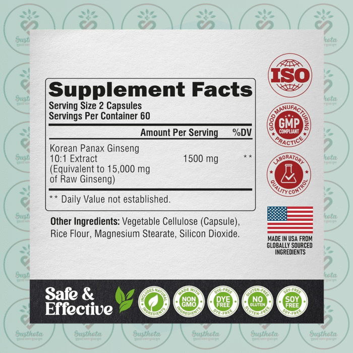 Nutra Harmony Korean Panax Ginseng – 1500 Mg – 120 Capsules In Bangladesh Supplement Facts