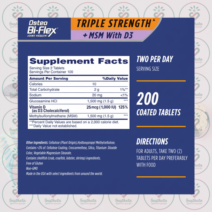 Osteo Bi-Flex Triple Strength + Msm With D3 - 1500 Mg - 200 Coated Tablets In Bangladesh Supplement Facts