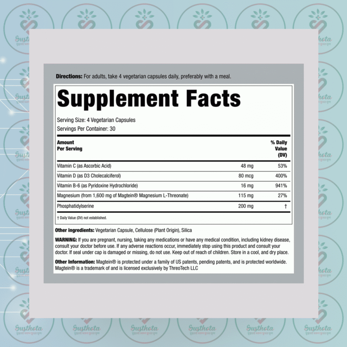 Piping Rock Magtein Magnesium L-Threonate - 120 Vegetarian Capsules In Bangladesh Supplement Facts