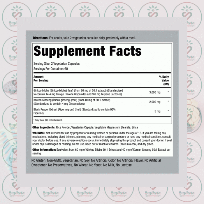 Piping Rock Panax Ginseng + Ginkgo - 5000 Mg - 120 Vegetarian Capsules In Bangladesh Supplement Facts