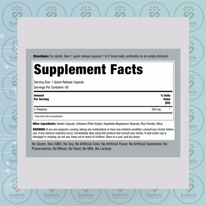 Piping Rock Premium L-Theanine - 200Mg - 60 Quick Release Capsules In Bangladesh Supplement Facts