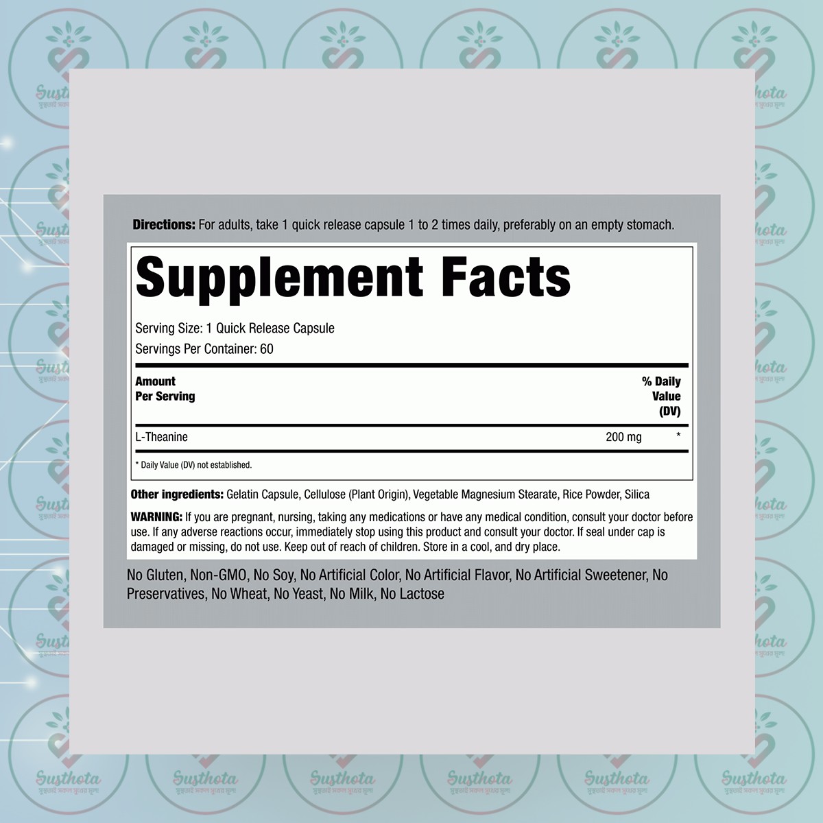 Piping Rock Premium L-Theanine - 200mg - 60 Quick Release Capsules in Bangladesh Supplement Facts