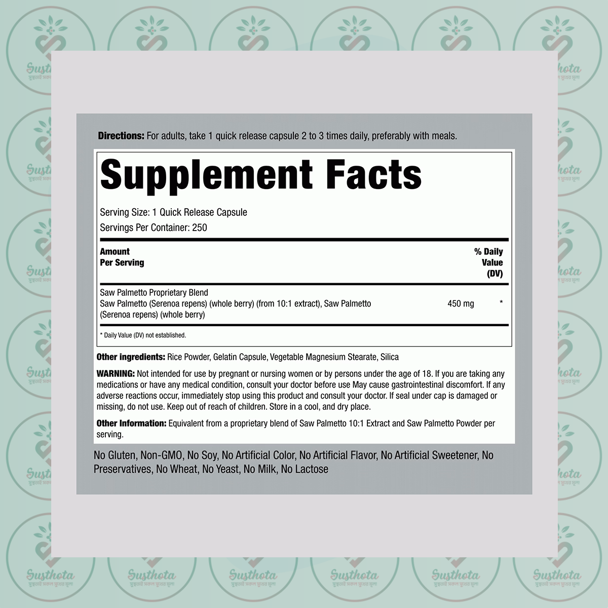 Piping Rock Saw Palmetto - 450 mg - 250 Quick Release Capsules in Bangladesh Supplement Facts