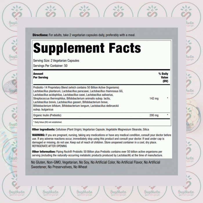 Piping Rock Ultimate Probiotic 14 Strains + Prebiotic - 50 Billion - 100 Vegetarian Capsules In Bangladesh Supplement Facts