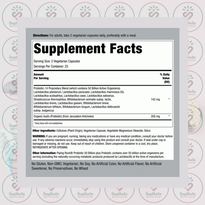 Piping Rock Ultimate Probiotic - 50 Billion Active Organisms - 50 Vegetarian Capsules In Bangladesh Supplement Facts