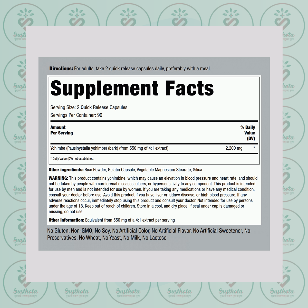 Piping Rock Yohimbe Max - 2200 mg - 180 Quick Release Capsules in Bangladesh Supplement Facts
