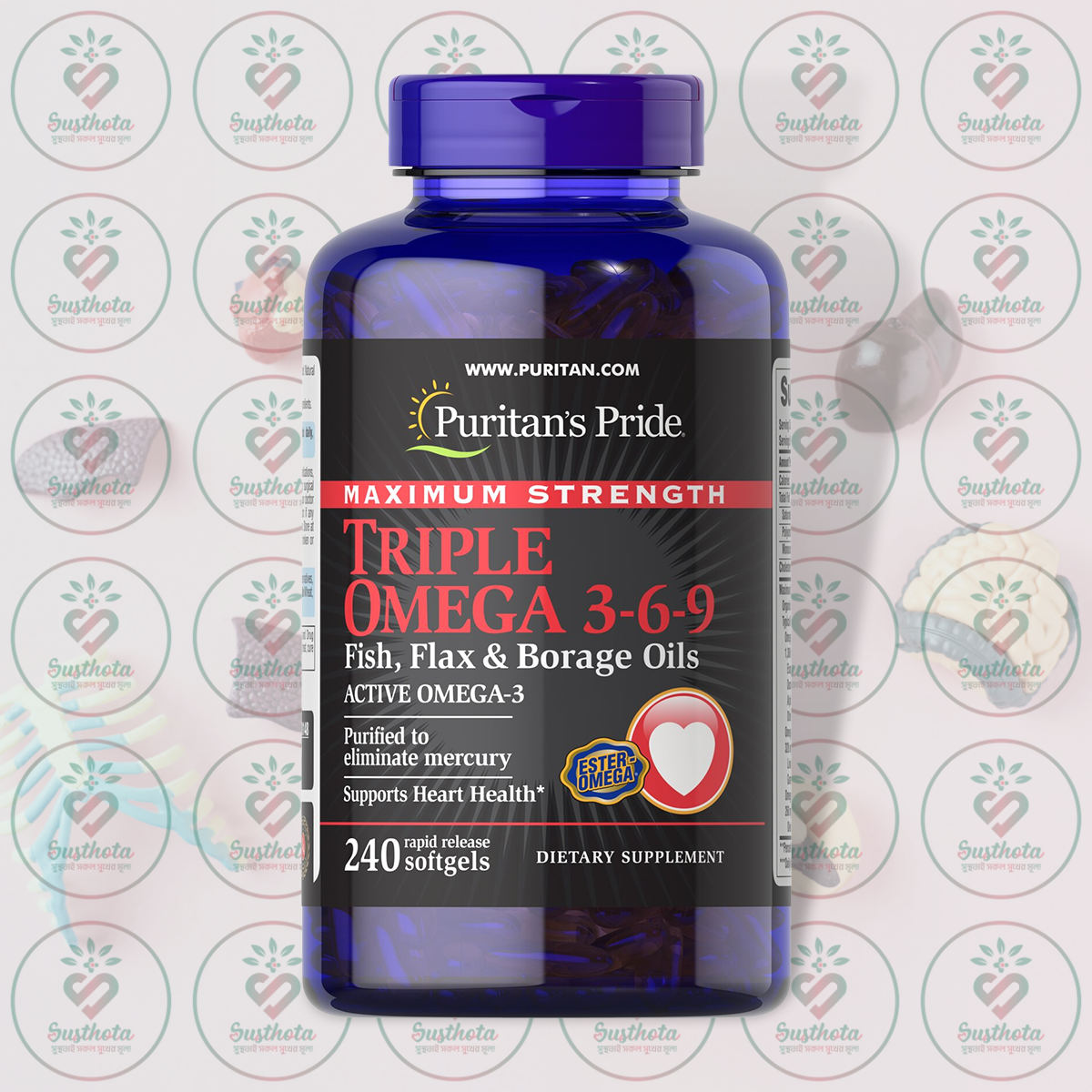 Puritan's Pride Maximum Strength Triple Omega 3-6-9 - 3600 mg - 240 Rapid Release Softgels in Bangladesh Image 01