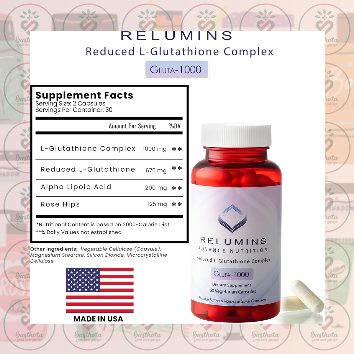 RELUMINS Reduced L-Glutathione Complex GLUTA-1000 - 1000 mg - 60 Vegetarian Capsules in Bangladesh Supplement Facts