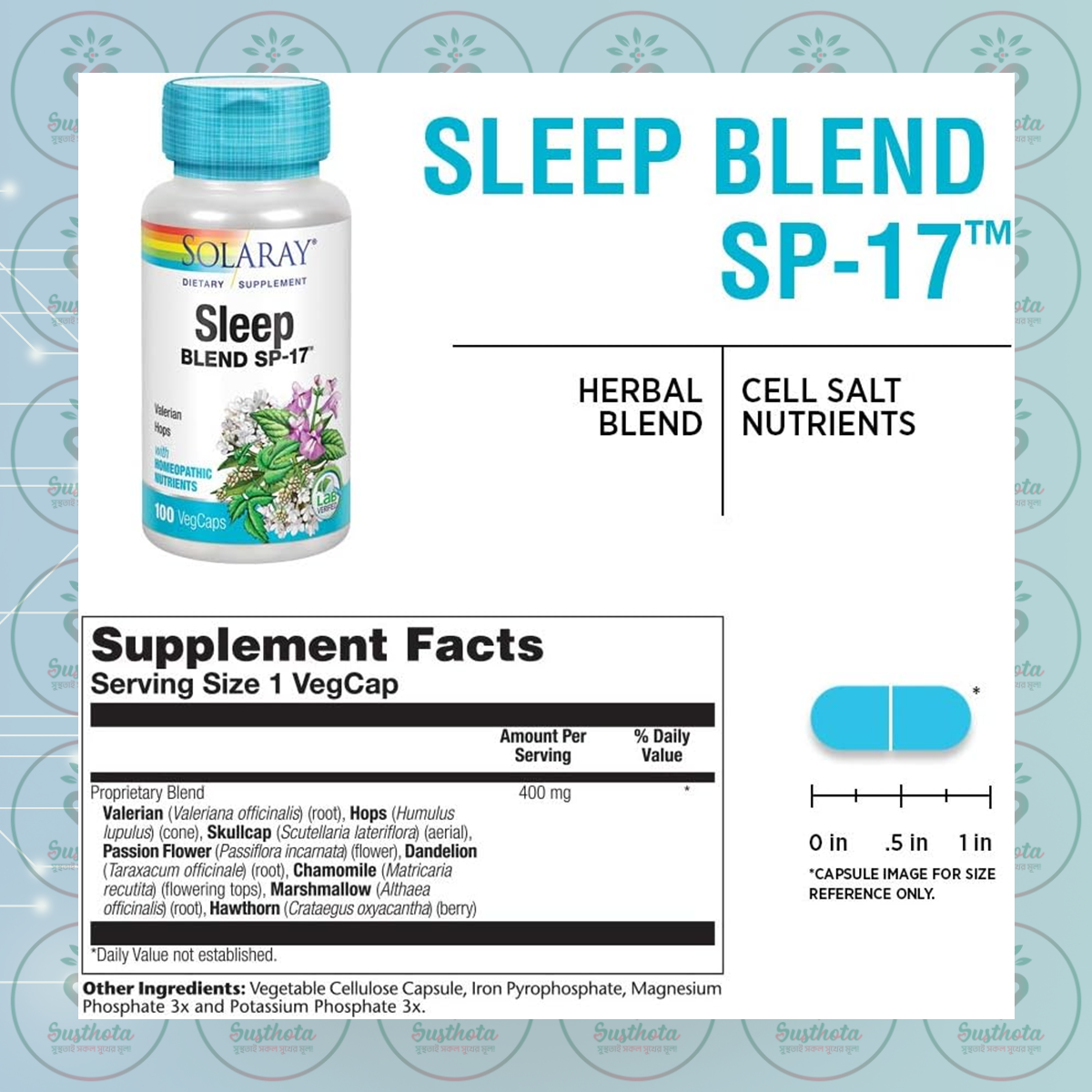 Solaray Sleep Blend SP-17 with Cell Salt Nutrients - 400 mg - 100 VegCaps in Bangladesh Supplement Facts