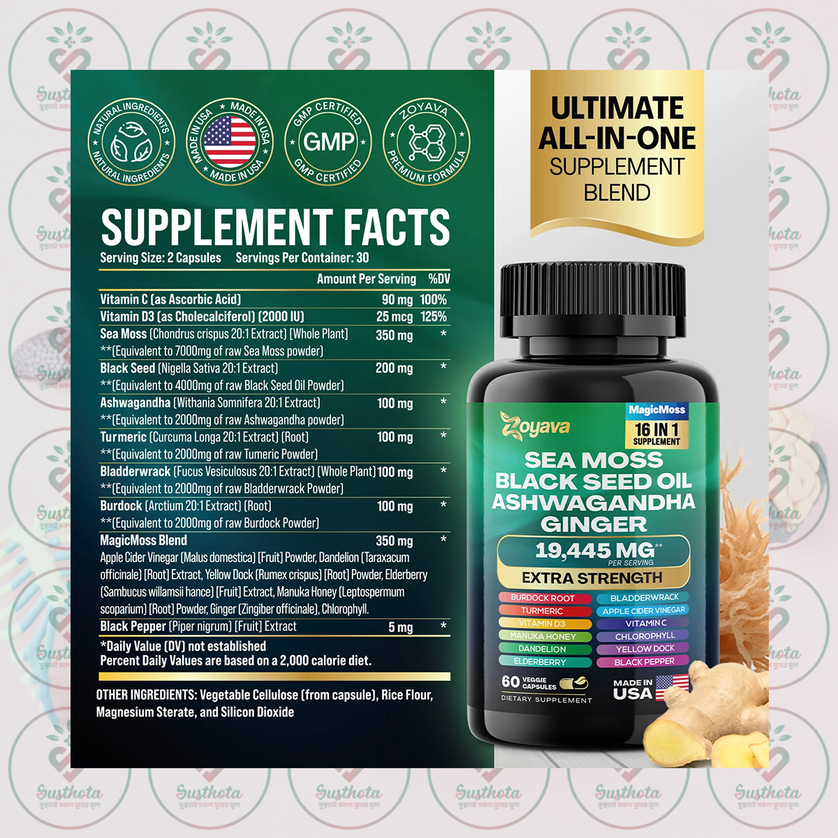 Zoyava Sea Moss Black Seed Oil Ashwagandha Ginger - 16 in 1 - 60 Capsules in Bangladesh Supplement Facts