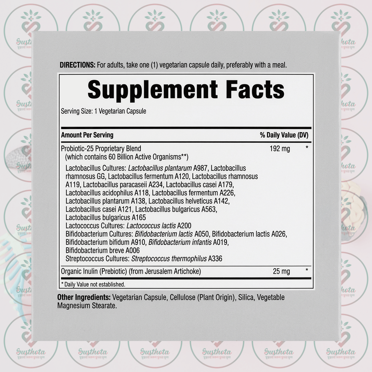 Piping Rock Daily Digestive Probiotic - 25 Strains - 60 Billion CFU - 50 Vegetarian Capsules in Bangladesh Supplement Facts