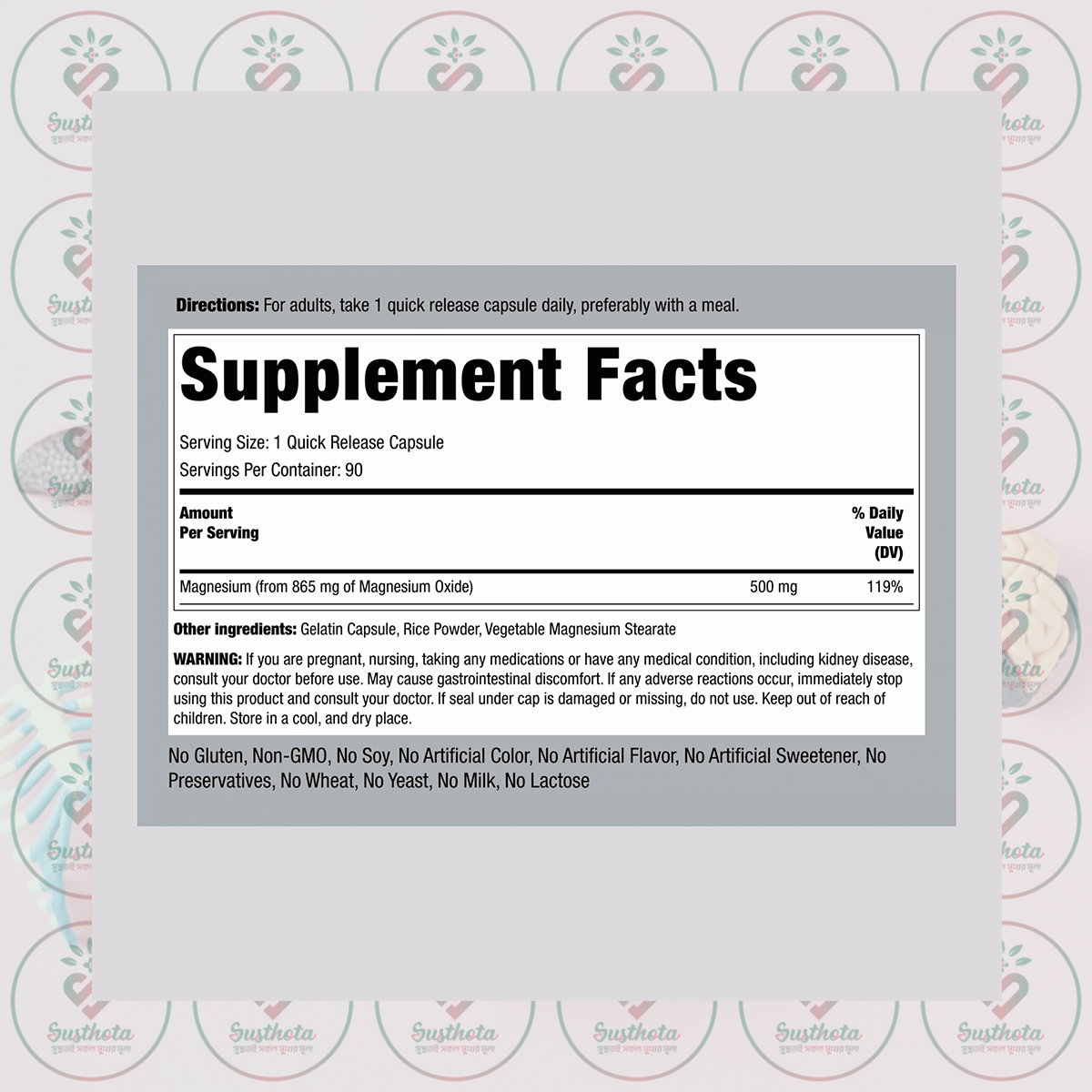 Piping Rock Magnesium Oxide – 500 mg – 90 Quick Release Capsules in Bangladesh Supplement Facts