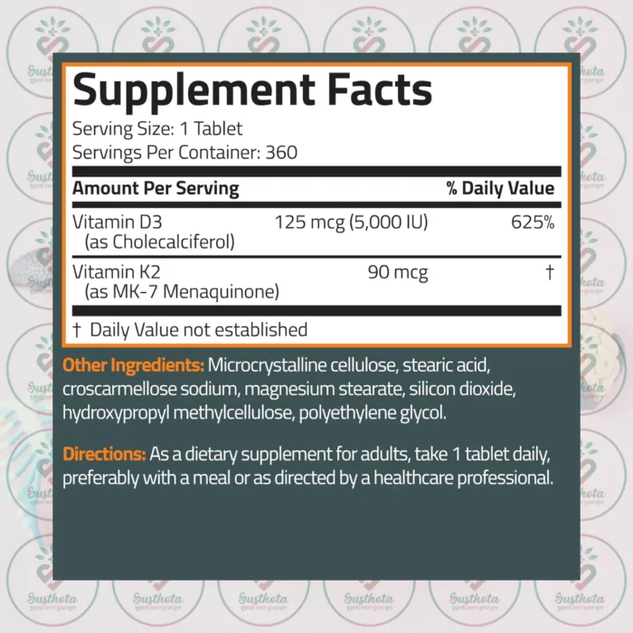 Bronson Basics Vitamin K2 Plus D3 (Mk7) - 360 Tablets In Bangladesh Supplement Facts