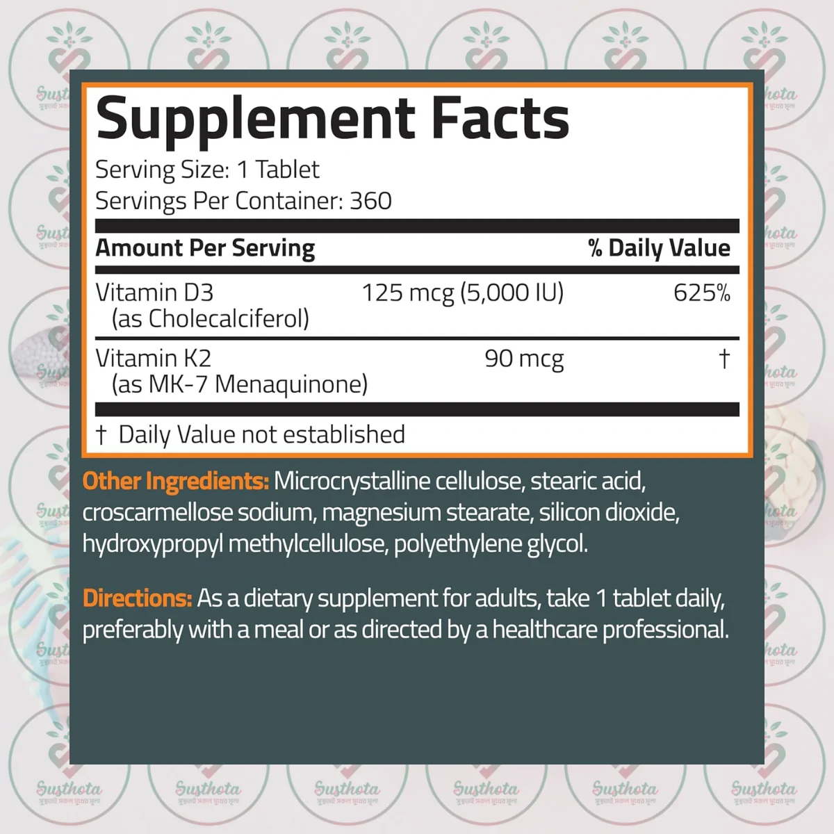 Bronson Basics Vitamin K2 Plus D3 (Mk7) - 360 Tablets In Bangladesh Supplement Facts Bronson Basics Vitamin K2 Plus D3 (Mk7) - 360 Tablets In Bangladesh Supplement Facts