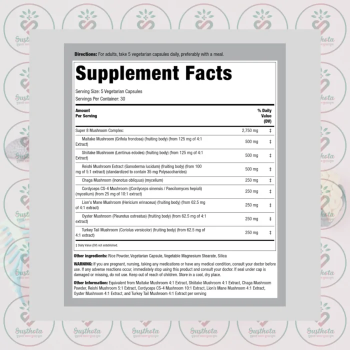 Piping Rock Premium Mushroom Complex - 2750Mg - 150 Vegetarian Capsules In Bangladesh Supplement Facts