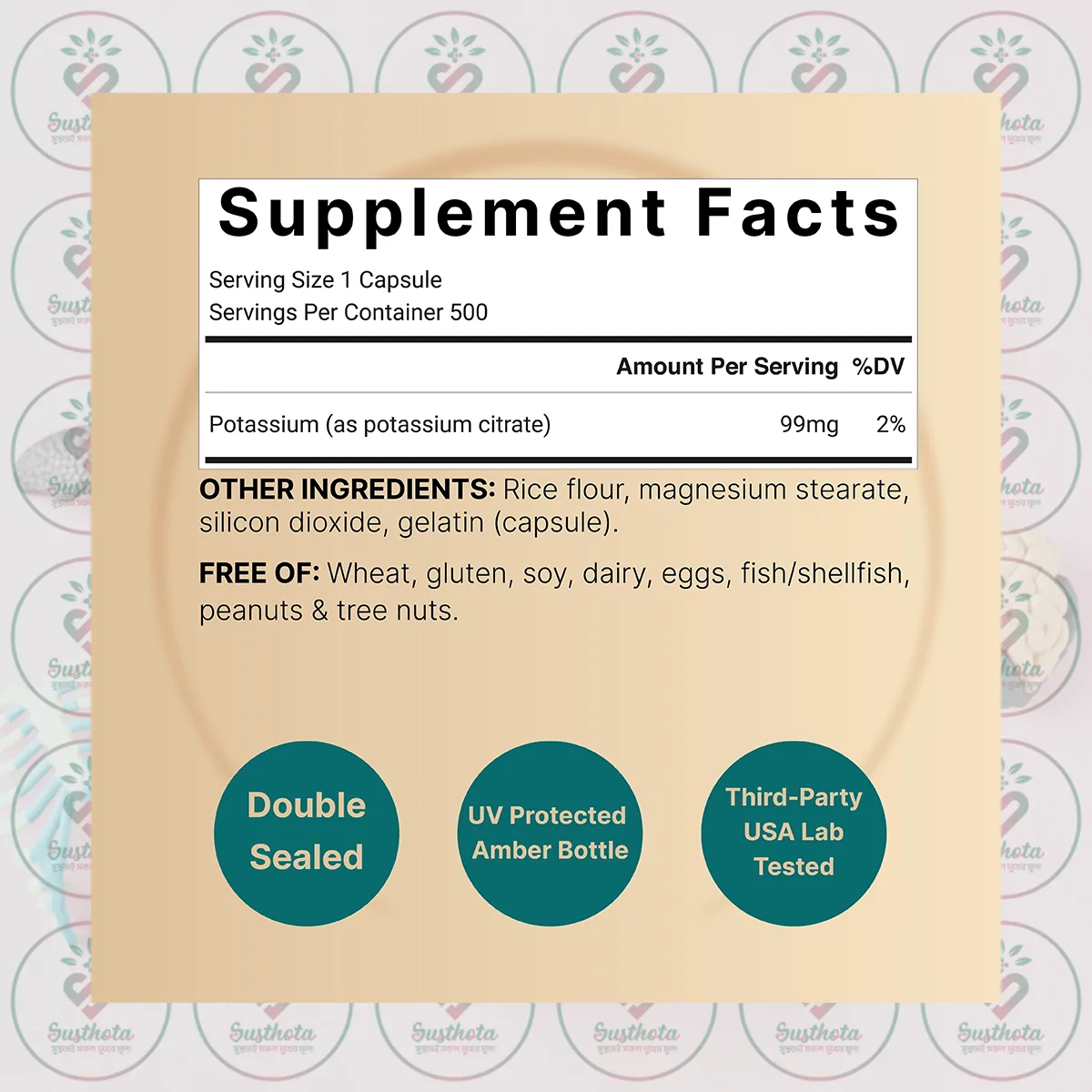 Naturebell Potassium Citrate - 99 Mg - 500 Capsules In Bangladesh Supplement Facts