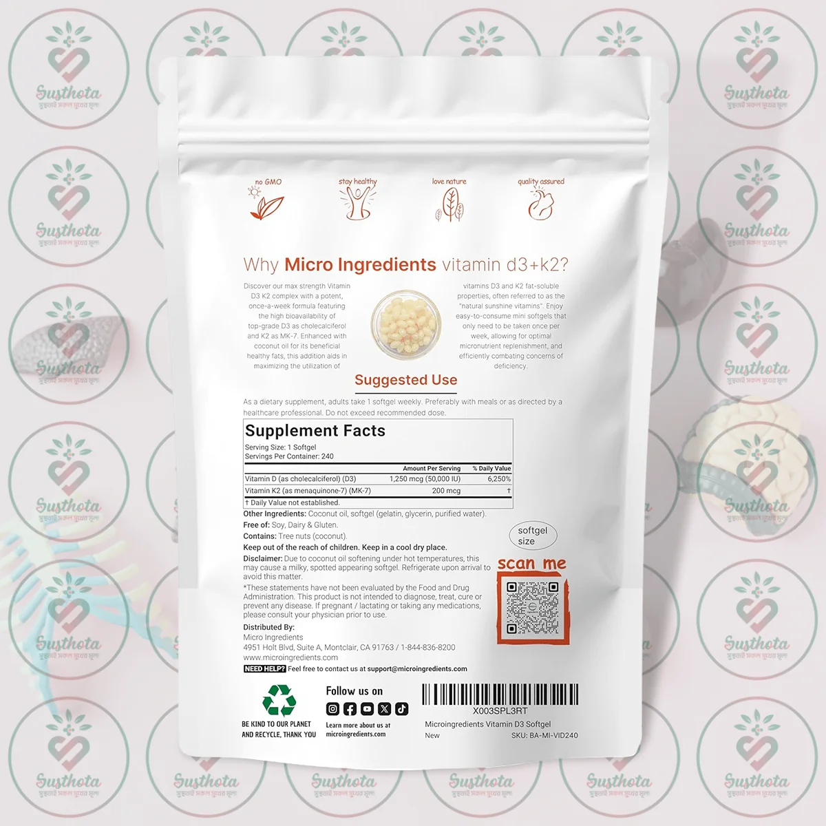 Micro Ingredients Vitamin D3 + K2 – 50,000 Iu + 200 Mcg – 240 Softgels In Bangladesh Supplement Facts