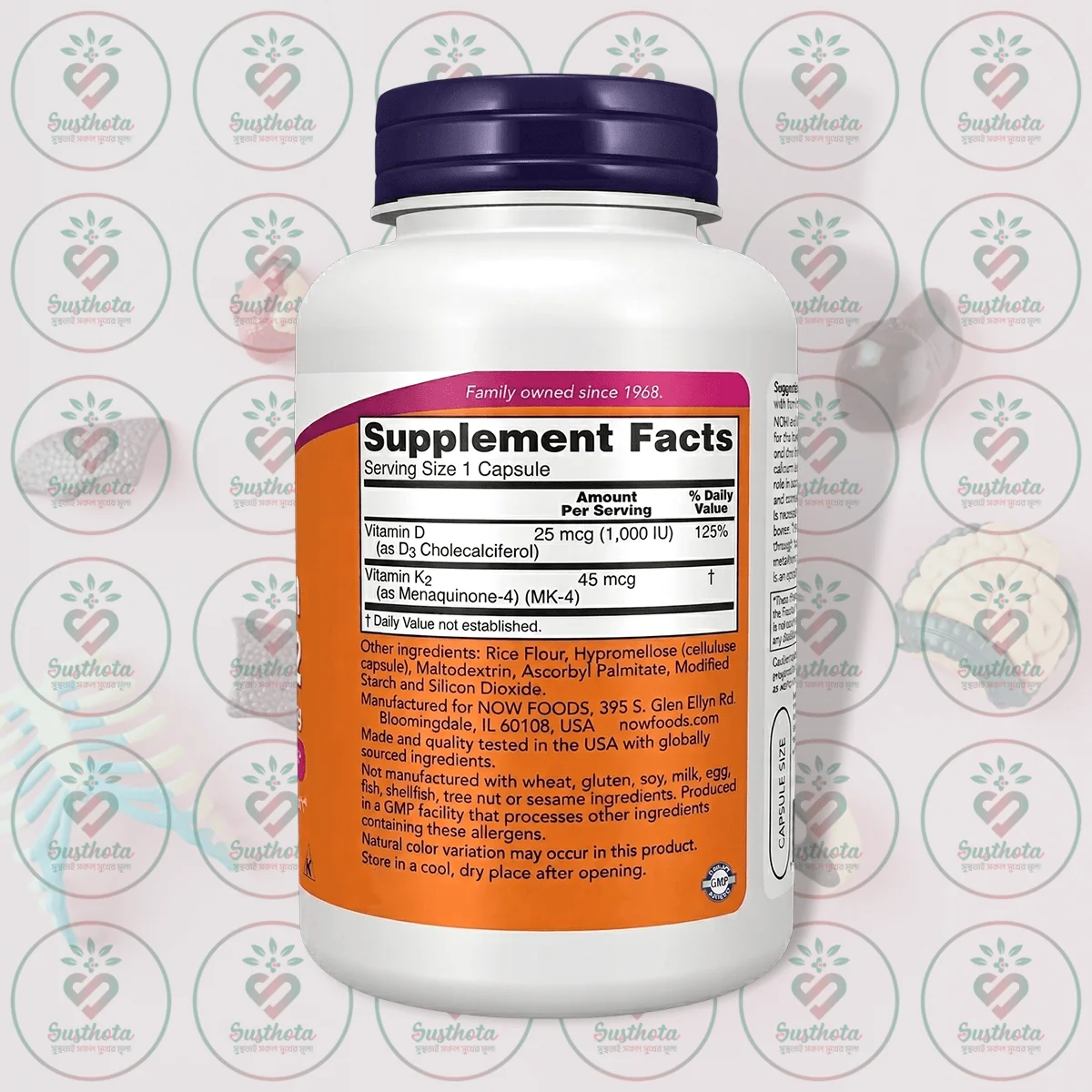 Now Vitamin D3 &Amp; K2 - 1000 Iu + 45 Mcg - 240 Capsules In Bangladesh Supplement Facts